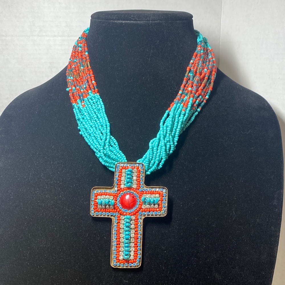 Turquoise and Red Beaded Cross Necklace